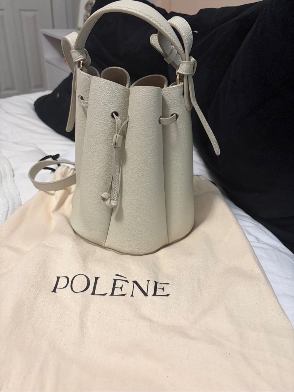 Polene Cream Leather Bucket Bag - Elegant Top Handle Crossbody